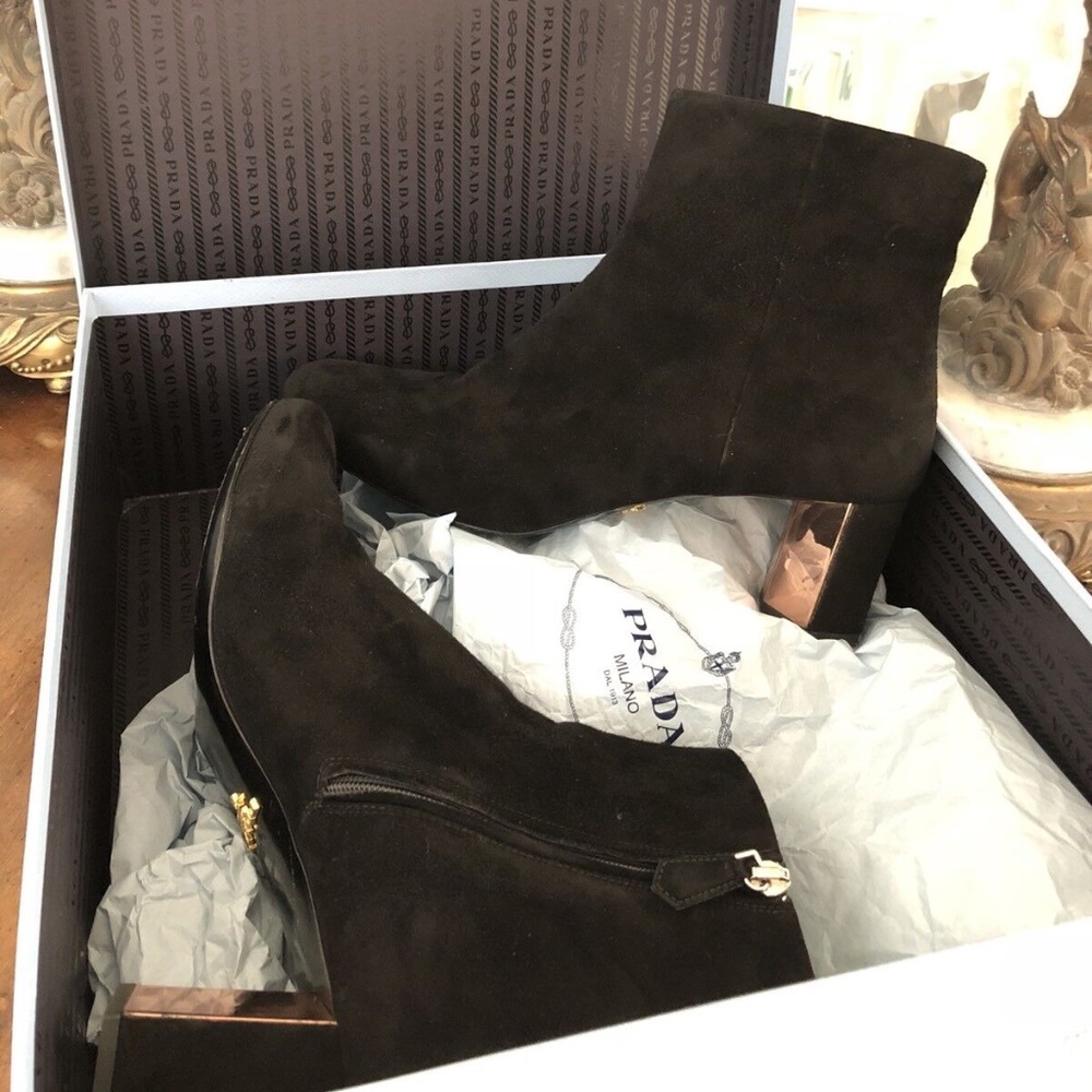PRADA Black Suede Rose Gold Heeled Booties